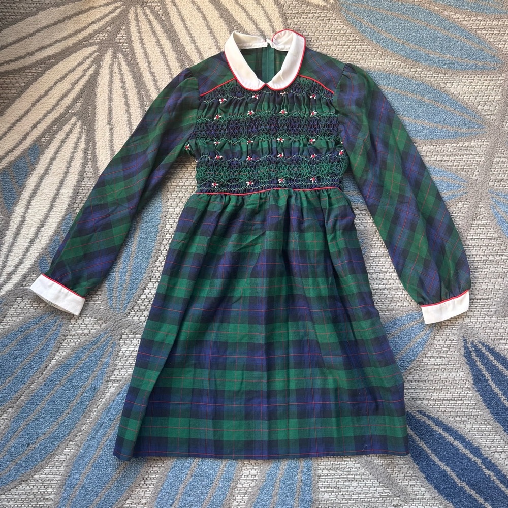Vintage Polly Flinders Hand Smocked‎ Tartan Plaid Collared Girls Dress Size 7